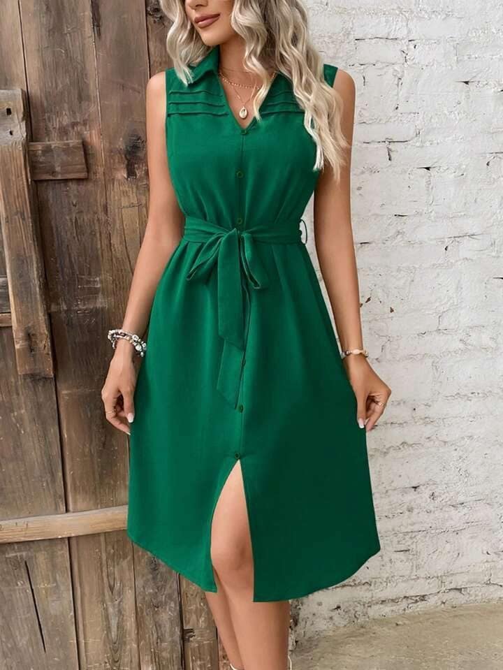 Elchic Front Button A-line Belted Midi Dress view 4