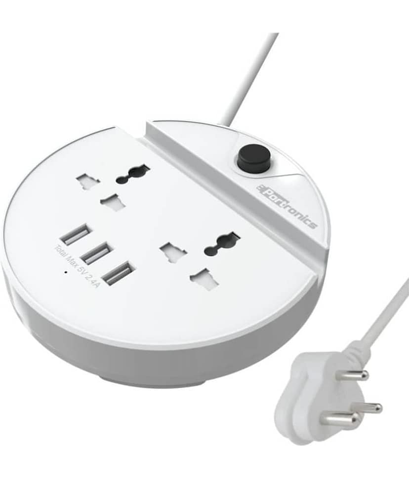 Portronics Power BUN, a Surge Protector with 2 AC Outlets and 3 USB Charging Ports Plus a Phone Docking Station, 1.5 Meter Power Cord, LED Indicator, White