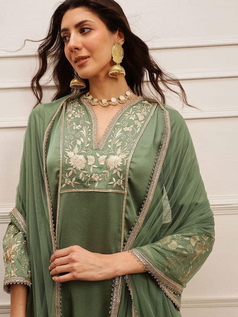Olive Luxe Embroidered Kurta Set view 2