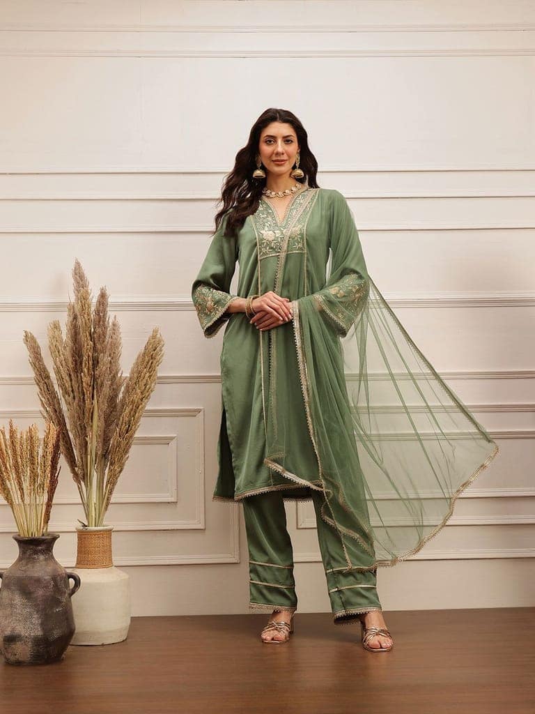 Olive Luxe Embroidered Kurta Set view 3