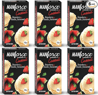 Manforce Cocktail Strawberry & Vanilla Flavoured Condoms for Men with Dotted Rings| Extra Dotted for Her Extra Stimulation| Lubricated Latex Condoms| 10 pcs x Pack of 6