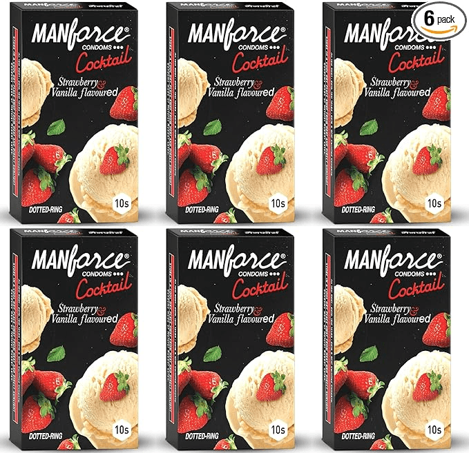Manforce Cocktail Strawberry & Vanilla Flavoured Condoms for Men with Dotted Rings| Extra Dotted for Her Extra Stimulation| Lubricated Latex Condoms| 10 pcs x Pack of 6