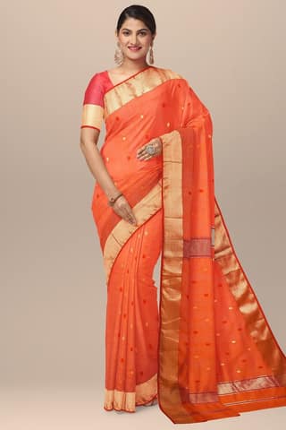 Orange Rui Buti Handwoven Maheshwari Silk with Zari Border Saree SKU-BS10044