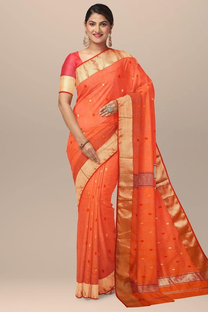 Orange Rui Buti Handwoven Maheshwari Silk with Zari Border Saree SKU-BS10044