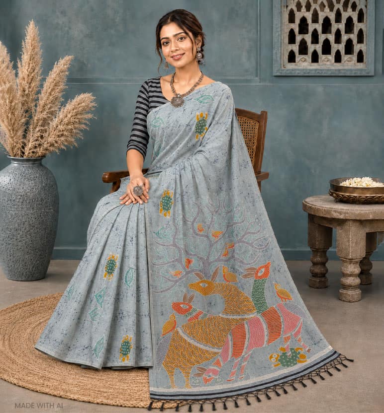 Handcrafted Batik Print Maheshwari Cotton By Silk Saree view 7