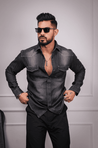 Black Denim Double Pocket Full Sleeve Shirt