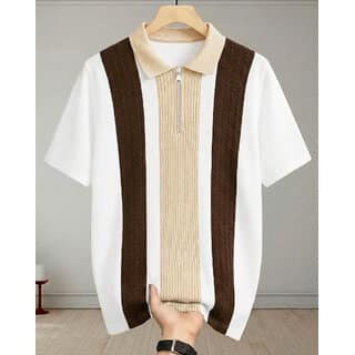 Ausk Mens White, Brown Graphic Print Cotton Blend Polo Collar T-Shirt