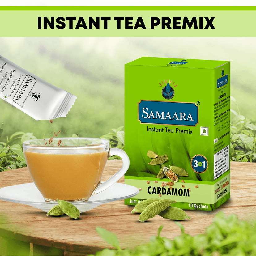 Samaara Instant Tea Premix Sachets | Cardamom Elaichi Flavoured Assam Black Tea Powder | 10 Sachets Box 150gm view 7
