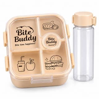 Bite Buddy Compartmentalized Lunch Box & Water Bottle Set (Beige) | Leak-Resistant Design | School & Office Use