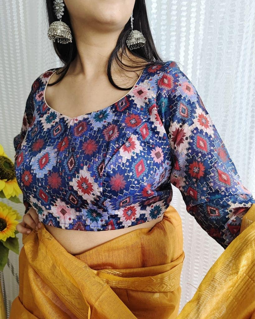 Crepe Silk Stitched Blouse Blue Color Ajrakh Print Embroidery and Sequence Work-6105 view 6