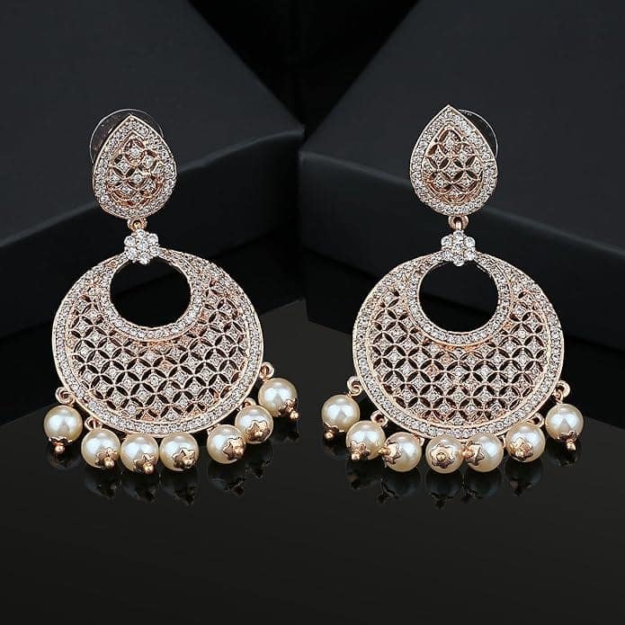 Exquisite Pearl and Cubic Zirconia Chandbali Earrings in Rose Gold Plating view 2