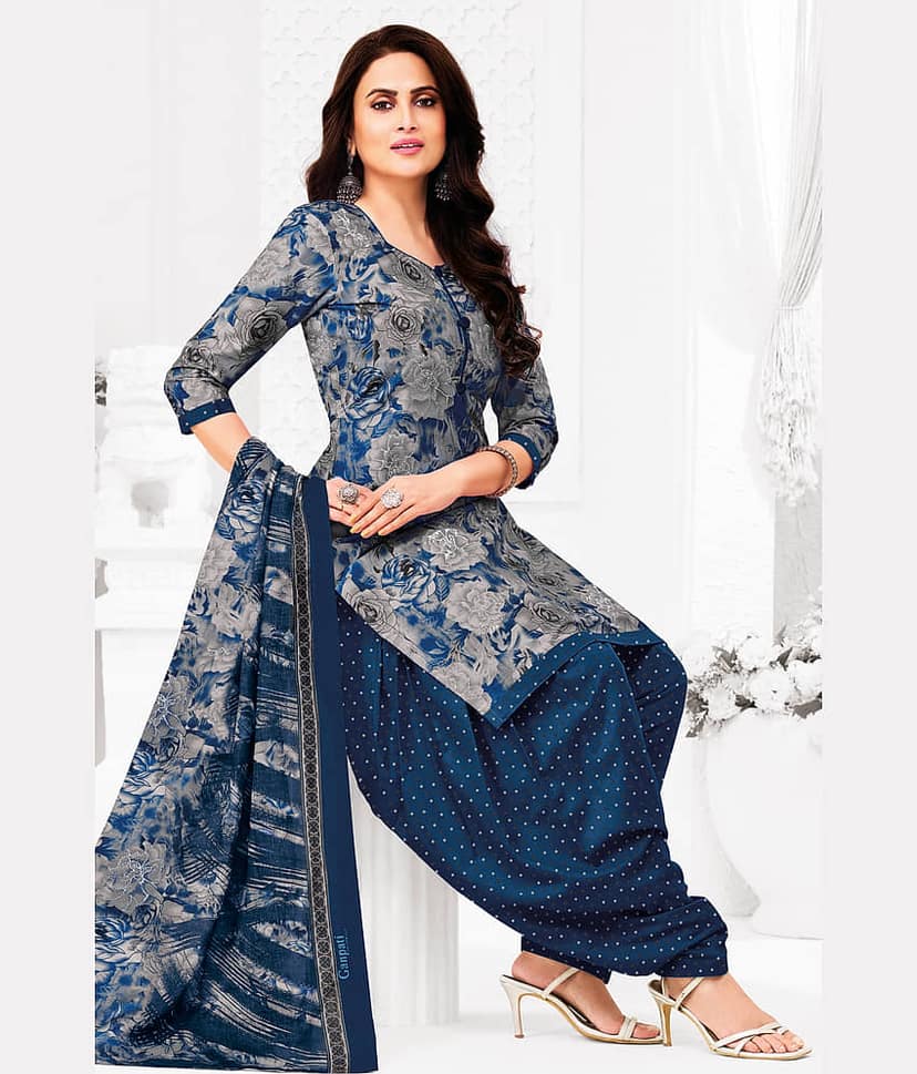shree jeenmata collection Women Cotton Printed Straight Kurti With Patiala Salwar ( Blue )