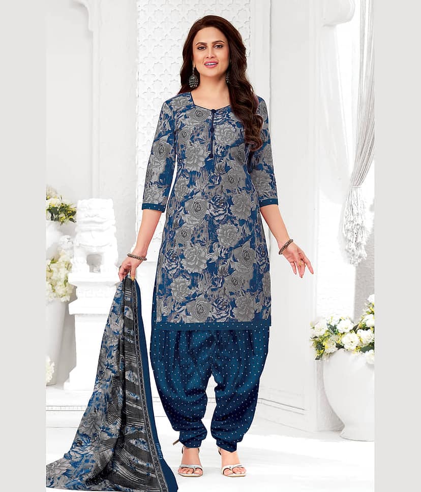 shree jeenmata collection Women Cotton Printed Straight Kurti With Patiala Salwar ( Blue ) view 2