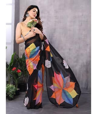 BLEESBURY Chiffon Printed Saree With Unstitched Blouse Piece ( Black )