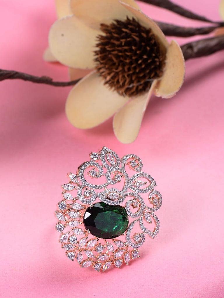 Rose Gold Plated Green AD Encrusted Quirky Floral Finger Ring view 2