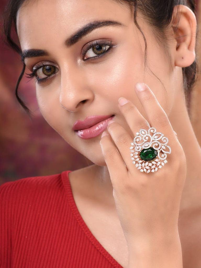 Rose Gold Plated Green AD Encrusted Quirky Floral Finger Ring view 4
