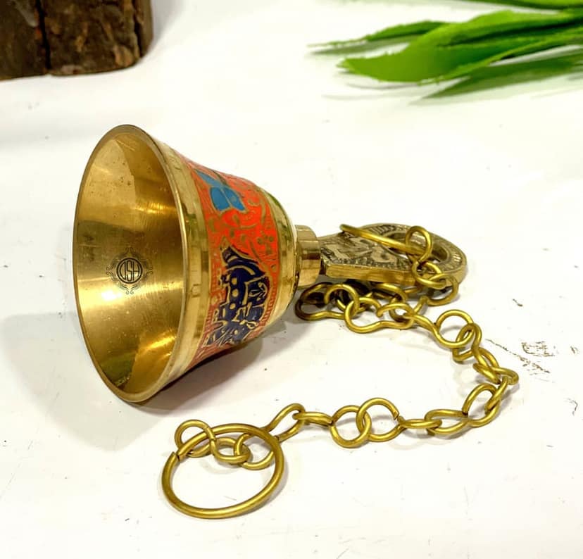 Brass Wall Hanging Bell with Chain for Home Temple Brass Pooja Bell Home Decorative Bell .(HANGBL-ORN-1P) view 3