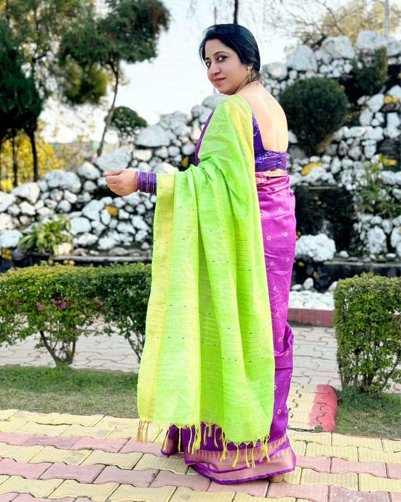 Katan Silk Saree Purple and Green Color Banarasi Weaves with running blouse-8138 view 4