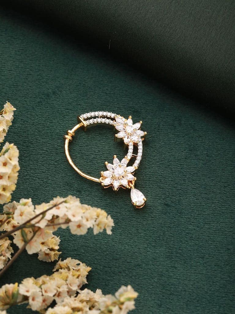 Gold Plated AD Studded Floral Pressing Nose Ring Nath view 2