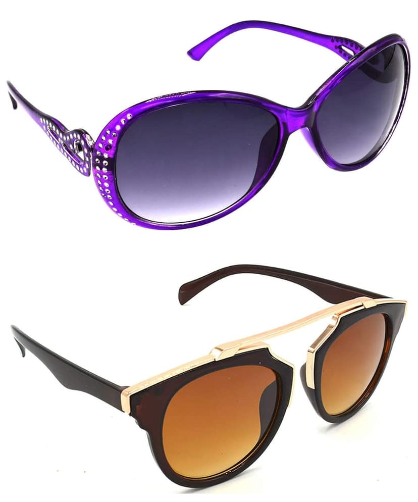 HRINKAR Unisex Round Sunglasses Violet & Golden Frame, Grey & Brown Lens (Medium) - Pack of 2