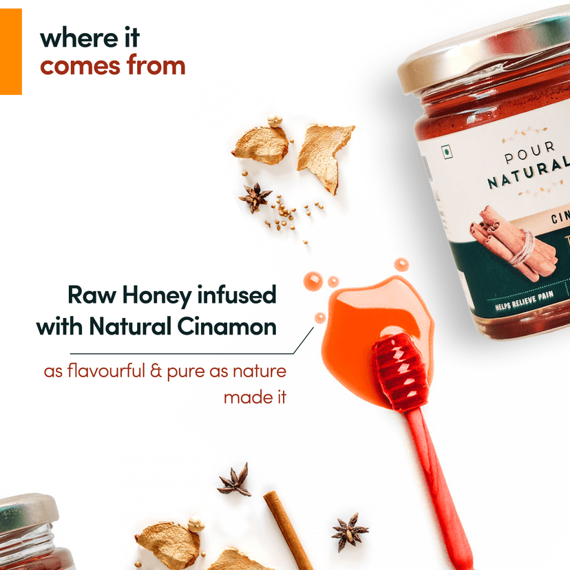 Pour Naturale Honey: Cinnamon Flavoured Honey| Pure Natural Honey Infused with Natural Cinnamon | Has Pain-relieving properties| Glass Jar (250gm) view 3