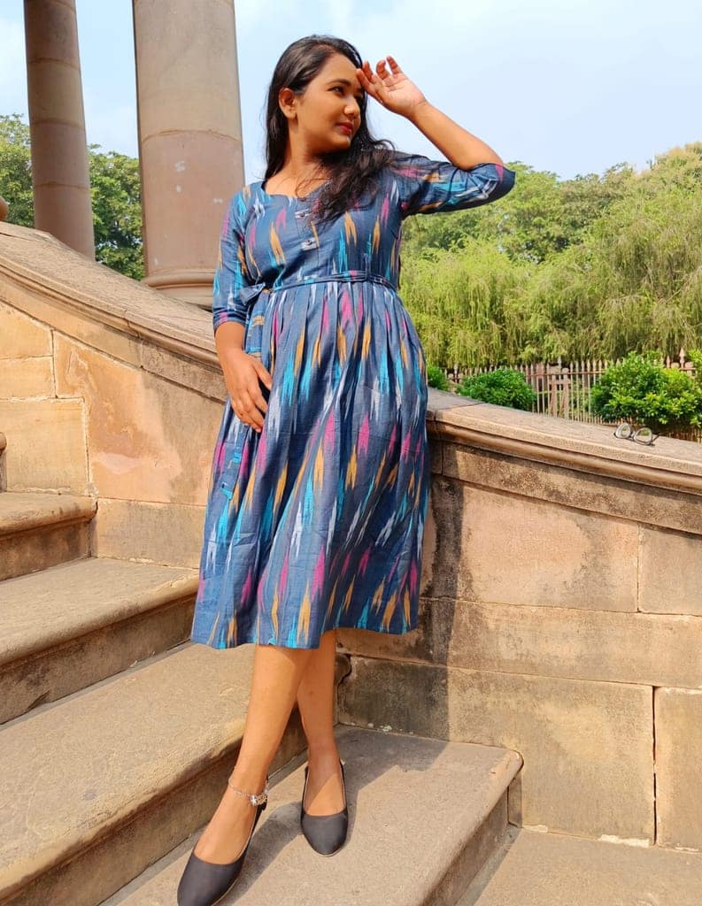 Pure Cotton Ikkat Dress Picton Blue Colour (Size XXS(32) to Plus Size(56))-1151 view 2