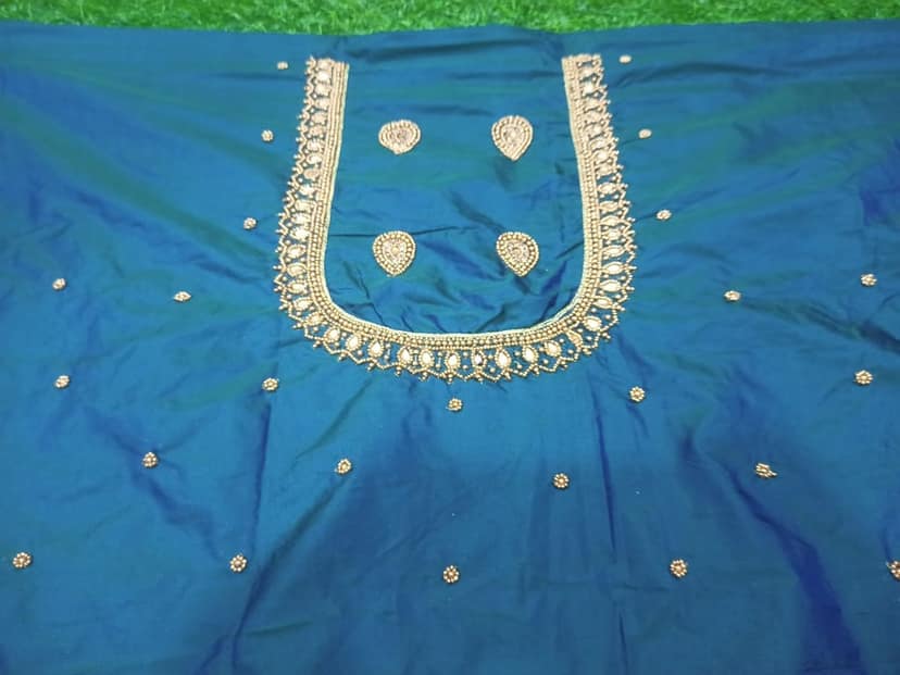 Hand Embroidered Blouse Neck Design With Stone And Pearl Work view 2