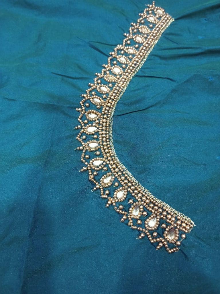 Hand Embroidered Blouse Neck Design With Stone And Pearl Work view 3
