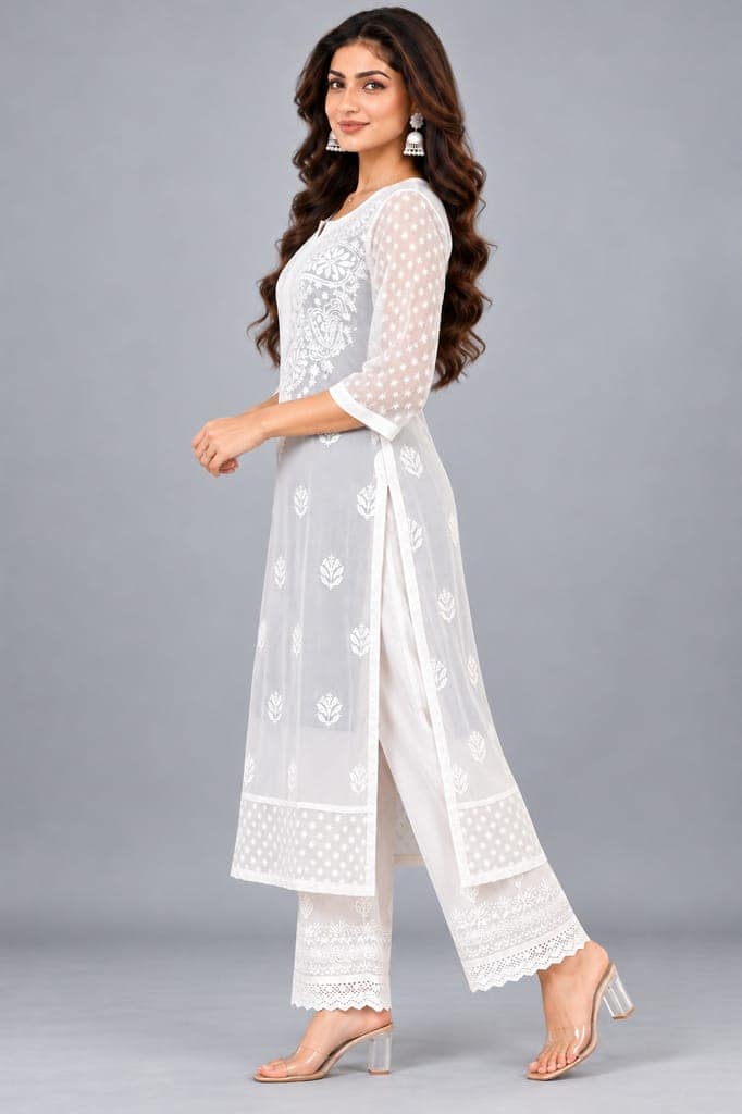 Handcrafted Lucknowi Chikankari Embroidered Fox Georgette Long Kurta with Sheer Floral Sleeves, Back Embroidery & Decorative Lace Border, 46 Inch Length view 3