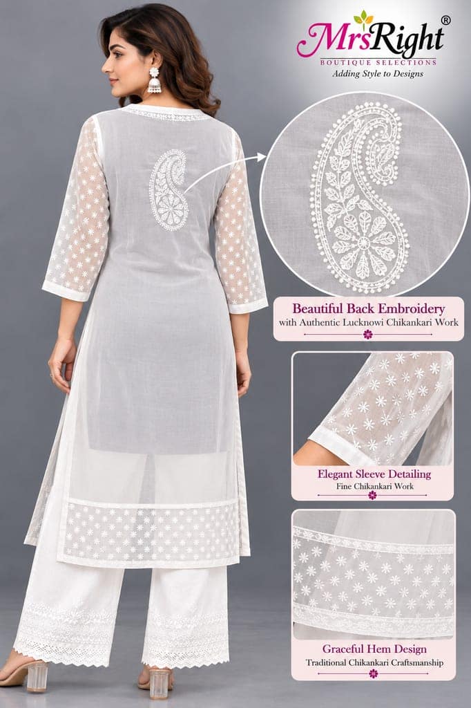 Handcrafted Lucknowi Chikankari Embroidered Fox Georgette Long Kurta with Sheer Floral Sleeves, Back Embroidery & Decorative Lace Border, 46 Inch Length view 4