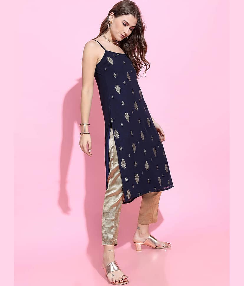Vishudh Women Georgette Printed Straight Kurti ( Navy ) view 2