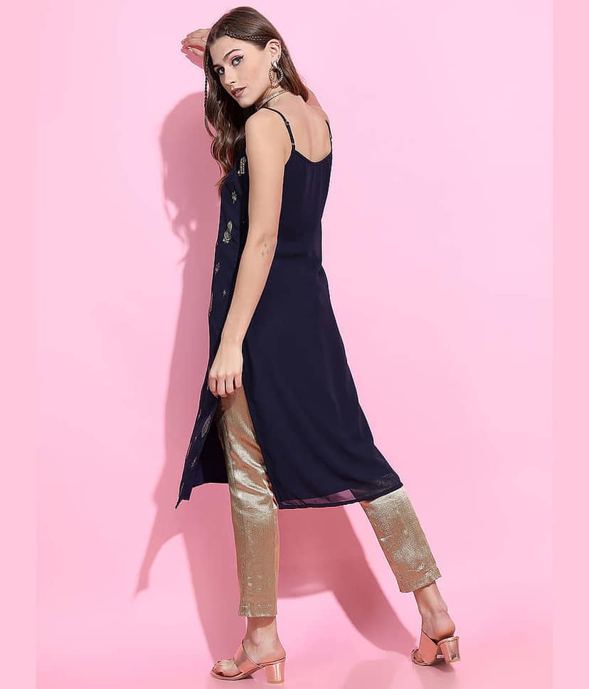 Vishudh Women Georgette Printed Straight Kurti ( Navy ) view 3