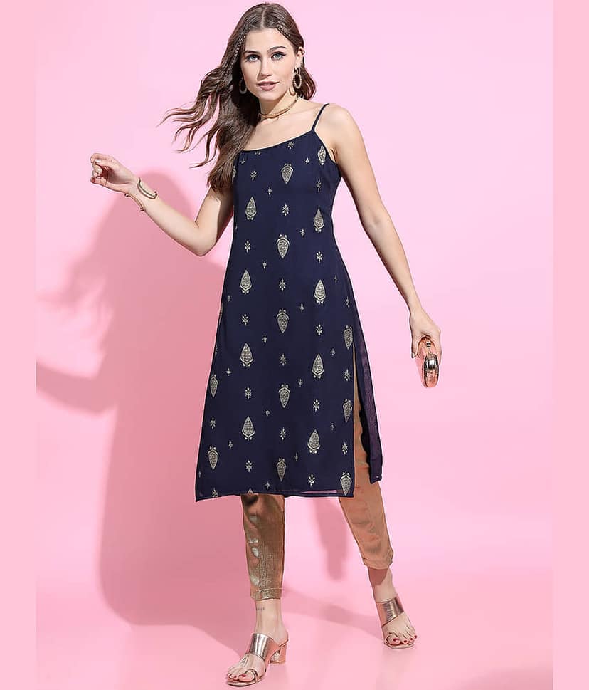 Vishudh Women Georgette Printed Straight Kurti ( Navy ) view 5