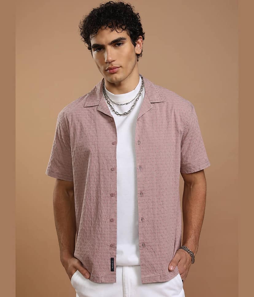 Highlander 100% Cotton Relaxed Fit Self Design Half Sleeves Cuban Collar Men's Casual Shirt - Maroon ( Pack of 1 )