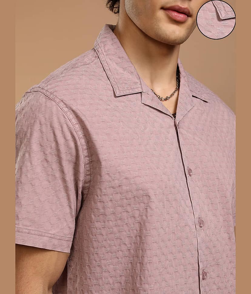 Highlander 100% Cotton Relaxed Fit Self Design Half Sleeves Cuban Collar Men's Casual Shirt - Maroon ( Pack of 1 ) view 5