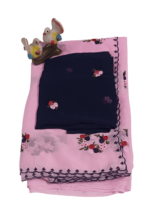 Floral Embroidered Pink Saree with Navy Blue Blouse