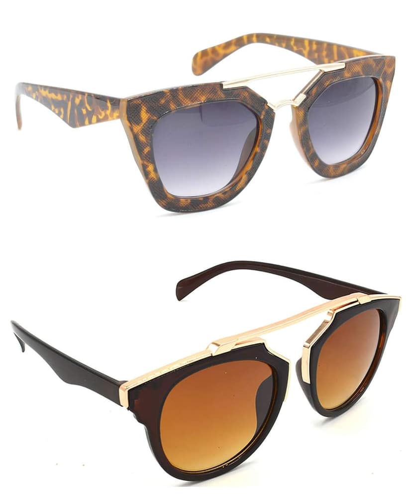 Hrinkar Unisex Rectangular Sunglasses Golden Frame, Clear & Brown Lens (Medium) - Pack of 2