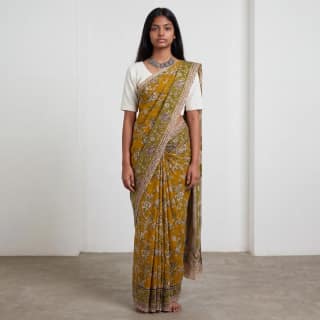 Pedana Kalamkari Print Cotton Saree Khaki Green