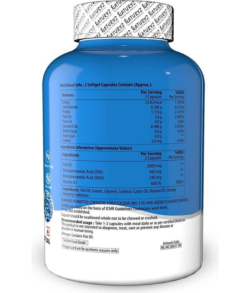 NATURYZ BURPFREE OMEGA 3 Fish Oil 2000 Mg with Vitamin D3 for Skin, Eyes, Heart & Brain -60 Softgels view 2