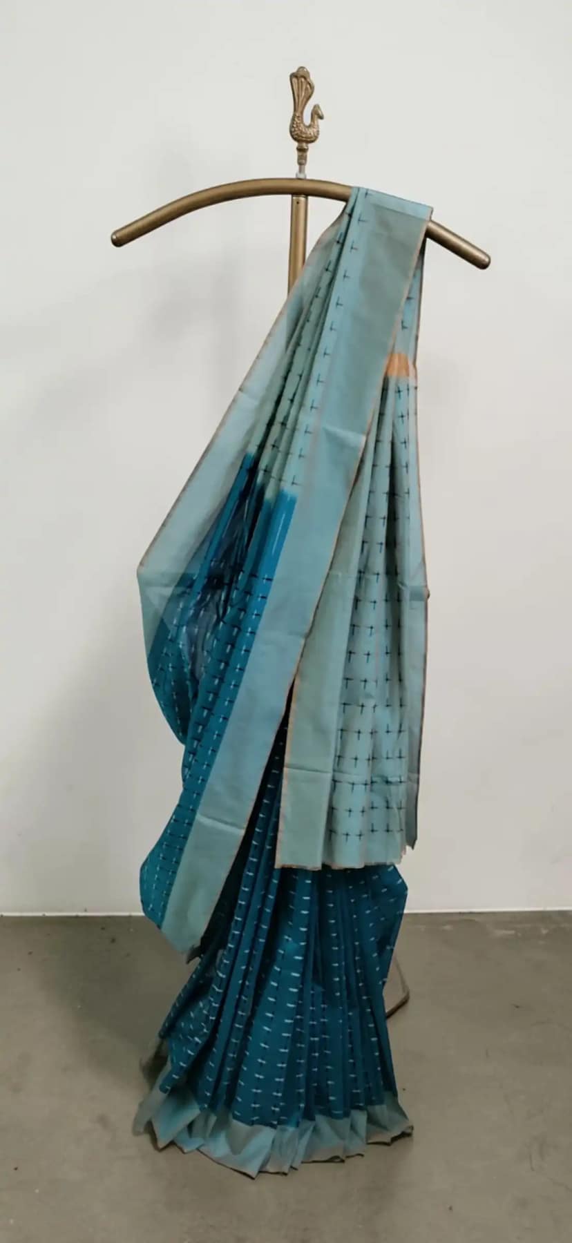 Teal Blue Pochampally Double Ikat Cotton Saree with Temple Border view 3