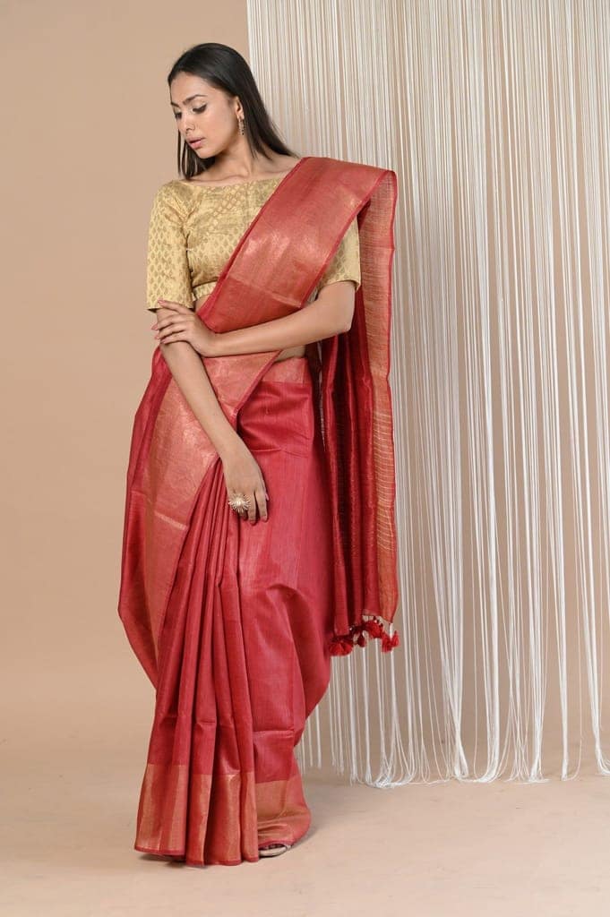Exclusive Pure Moonga Tussar Silk Saree With Beautiful Border ~ Red view 2