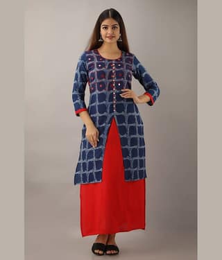 FABRR - Blue Cotton Blend Women's Double Layered Kurti ( Pack of 1 )