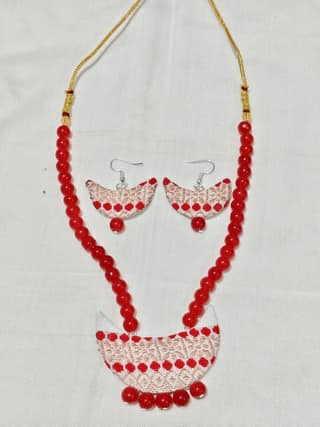 Traditional Assamese Fabric Crescent Pendant Red Bead Necklace & Earring Set