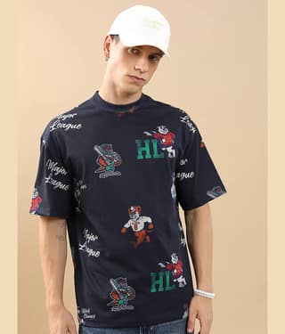 Highlander Men Polyester Oversized Fit Printed T-Shirt ( Navy Blue )