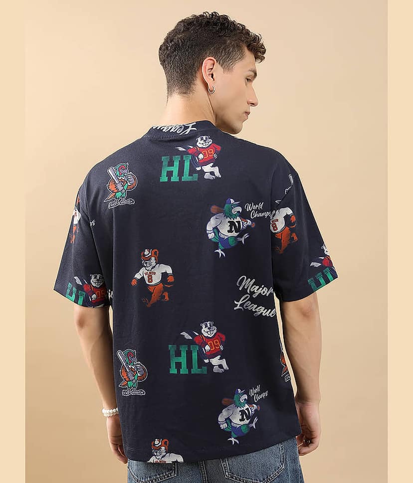 Highlander Men Polyester Oversized Fit Printed T-Shirt ( Navy Blue ) view 3