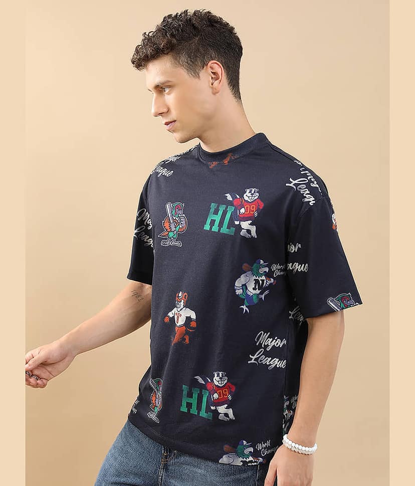Highlander Men Polyester Oversized Fit Printed T-Shirt ( Navy Blue ) view 4