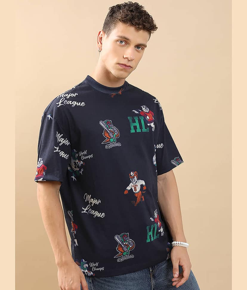 Highlander Men Polyester Oversized Fit Printed T-Shirt ( Navy Blue ) view 6