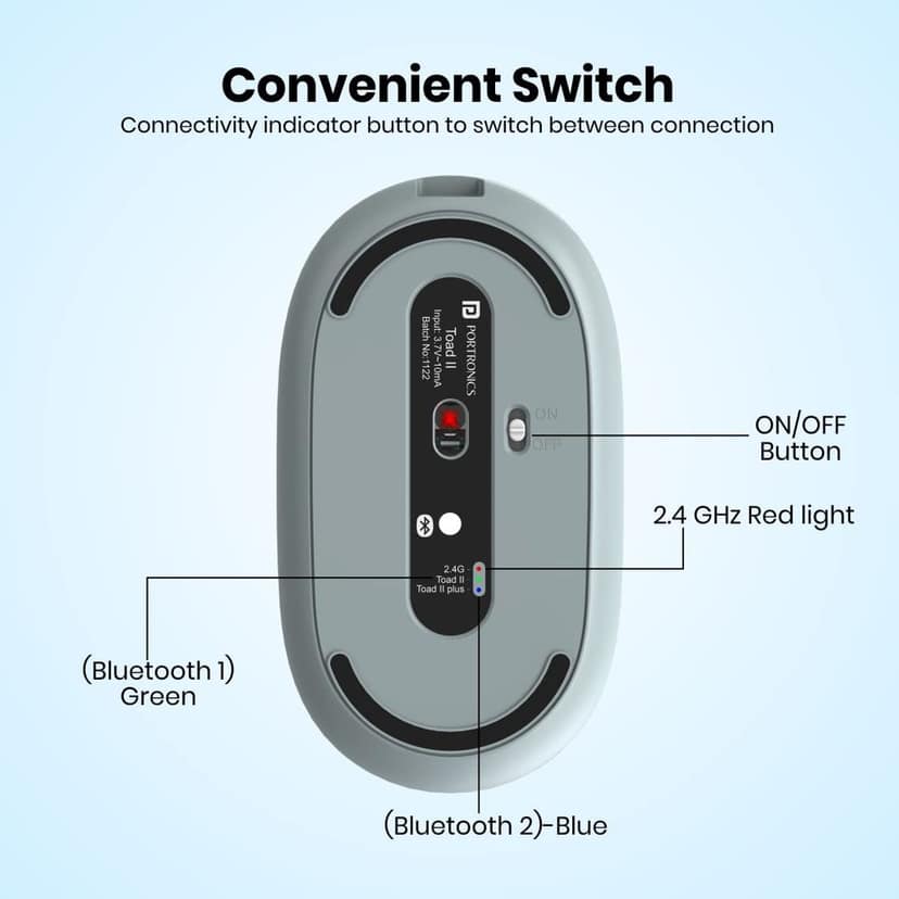 Portronics Toad II Bluetooth Mouse, with Bluetooth 5.0 & 2.4 Ghz Dual Wireless Connectivity, Rechargeable Battery, Adjustable DPI up to 1600 Compatible with Laptop, MacBook, PC (Grey) view 3