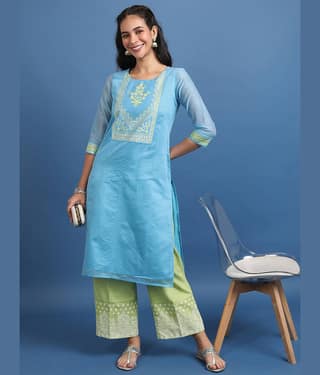 Vishudh Women Cotton Blend Printed Straight Kurti ( Blue )