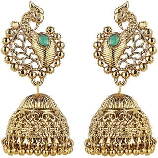 Traditional Peacock Dome Jhumki Golden Green Alloy Brass Copper Earrings for Women's Fashion Jewelry